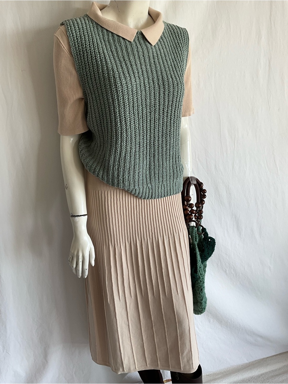 Solitaire Ribbed Knit Polo Midi Dress Beige Tan Size L Stretch